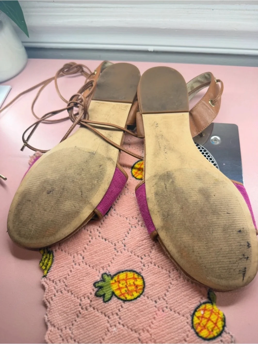 Michael Kors Fuchsia Canvas Espadrille Sandals with Tan Trim